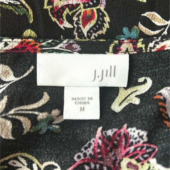 J Jill Pullover Top M Black Floral Peplum 3/4 Sleeves Purple Green White Tunic - Picture 10 of 10